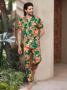 Manfinity ChillVibe Men's Floral Print Button-Down Short Sleeve Pajama Set, Summer - Green - View 8