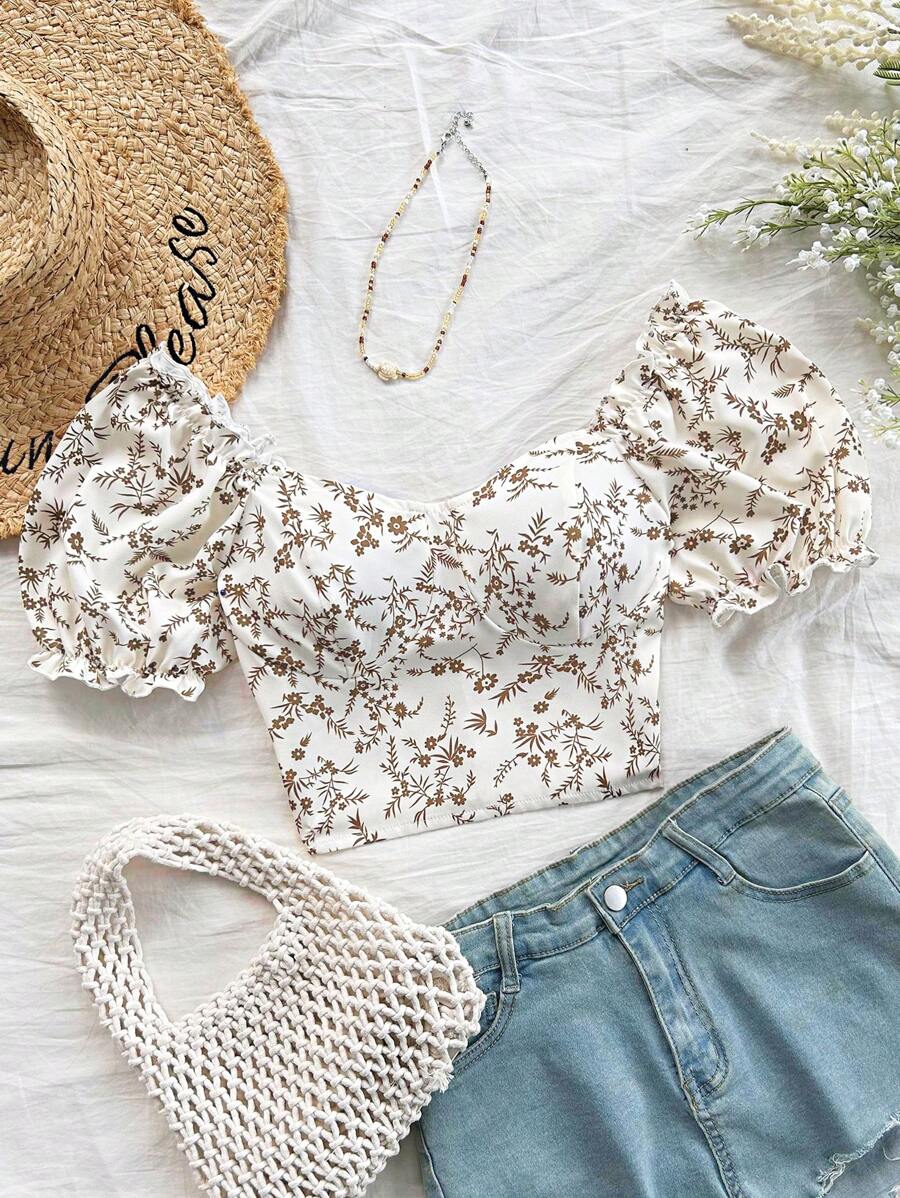 Soleia Áo cánh tay ngắn mùa hè có dây rút xếp nếp họa tiết hoa, áo tay ngắn - Màu Khaki - Xem 1