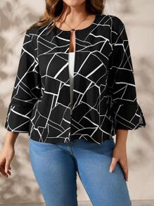 SHEIN Clasi Chaqueta casual delgada de manga larga y apertura frontal con estampados totales y aberturas laterales para tallas grandes