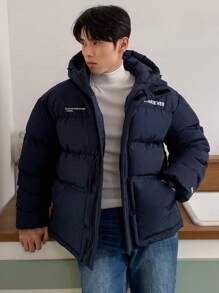 DAZY Winter Men's Loose Letter Print Padded Coat - Navy Blue - View 7