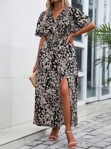 SHEIN Clasi 加大码V领印花开衩短袖夏季长款连衣裙女装 - 黑色 - 查看 5