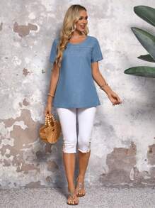 SHEIN LUNE Blusa vaquera suelta, cómoda, de manga corta y cuello redondo para mujer