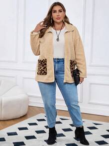 EMERY ROSE 大码女式秋冬豹纹仿羊毛口袋休闲加大羊毛厚毛绒夹克带口袋