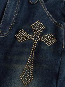 ROMWE Goth Women's Rhinestone Cross Embellished Flared Jeans With Pockets, Fashionable - Blue - View 3
