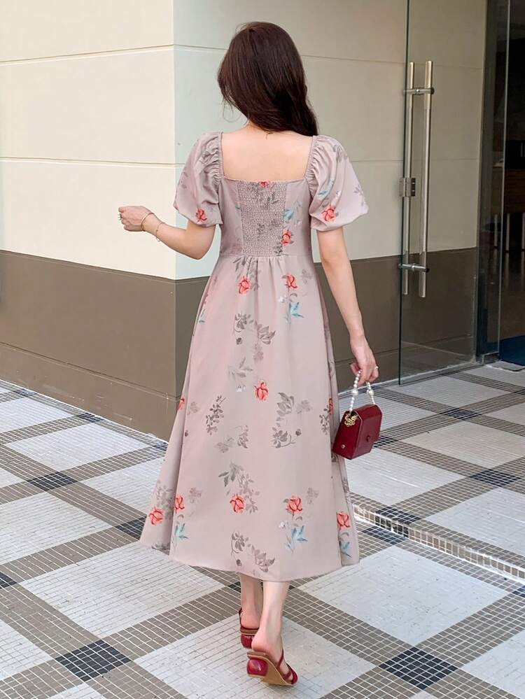 Women's Floral Print Square Neck Short Sleeve Midi Dress,Milkmaid Dress Sundress