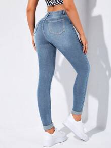 Flexra High-Waisted Button-Embellished Skinny Stretch Distressed Y2K Jeans - Baby Blue - View 2