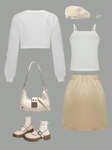 SHEIN Explorewe 3 pezzi Set di maglietta a maniche lunghe e gonna con stampa farfalla casual per ragazze adolescenti, adatto per scuola, spostamenti e occasioni di svago - Cachi - Visualizzare 2