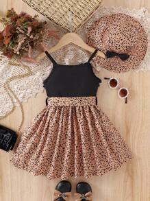 SHEIN Vestido de tirantes informal con estampado de leopardo en color contrastado para niña joven - Multicolor - Ver 2
