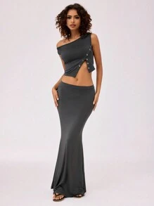 Forever 21 Summer New Arrival Round Neck Elastic Knitted Top With Split Hemline, Slim Fit - Dark Grey - View 3