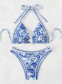 SHEIN Swim Summer Beach Women's Blue Printed Halter Neck Bikini Set - Blue and White - View 8