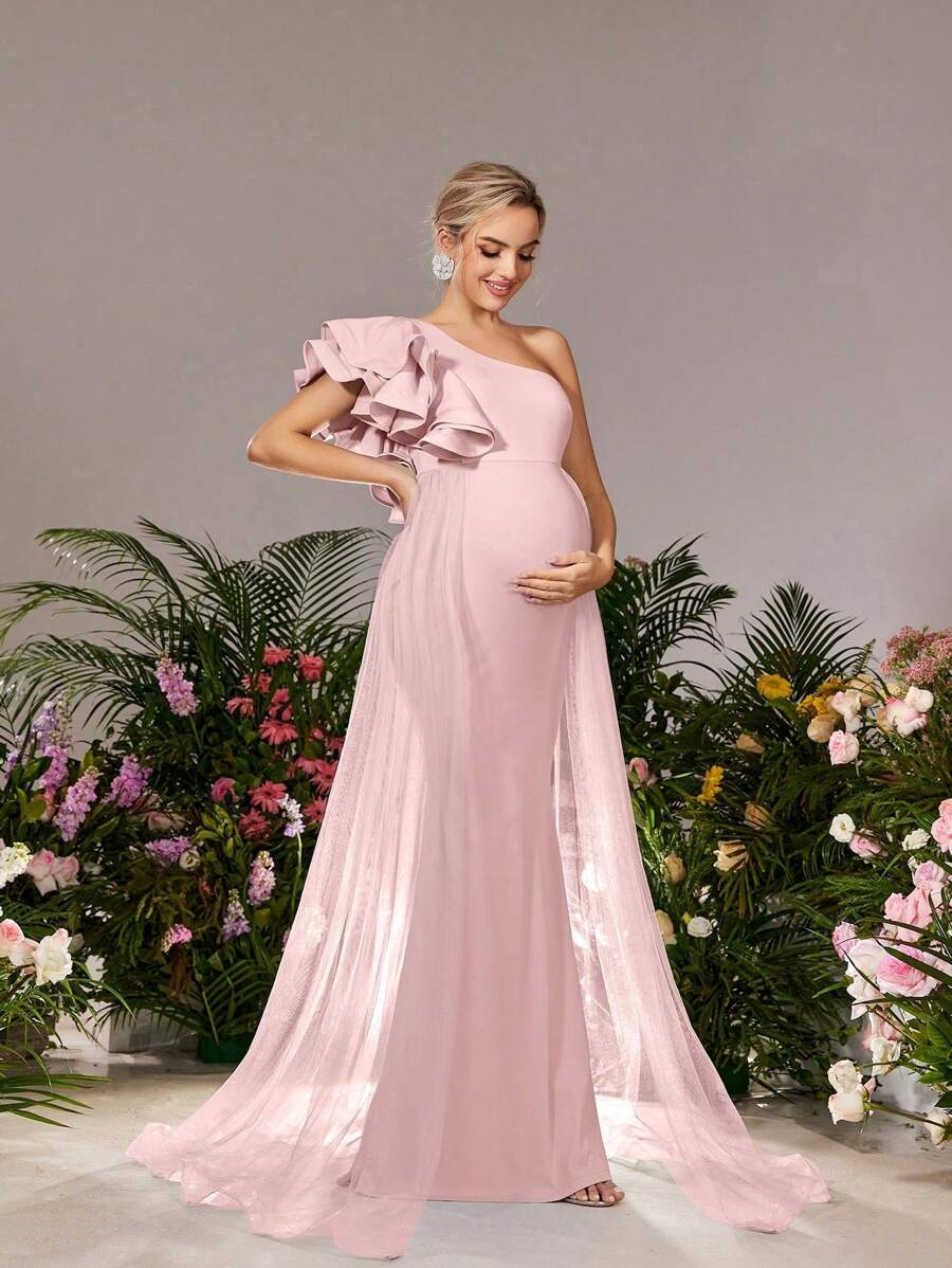 Faeriesty Đầm bầu và đầm dự tiệc Dressalisa thanh lịch một vai tay bồng, xẻ tà bên hông, chất liệu organza, dáng đuôi cá - Chiếc đầm dự tiệc thanh lịch tuyệt đối, phù hợp cho các bữa tối trang trọng, tiệc cưới, tiệc chiêu đãi, các sự kiện dành cho bà bầu và các nghi lễ trang nhã. Màu hồng mùa xuân. - Hồng - Xem 1