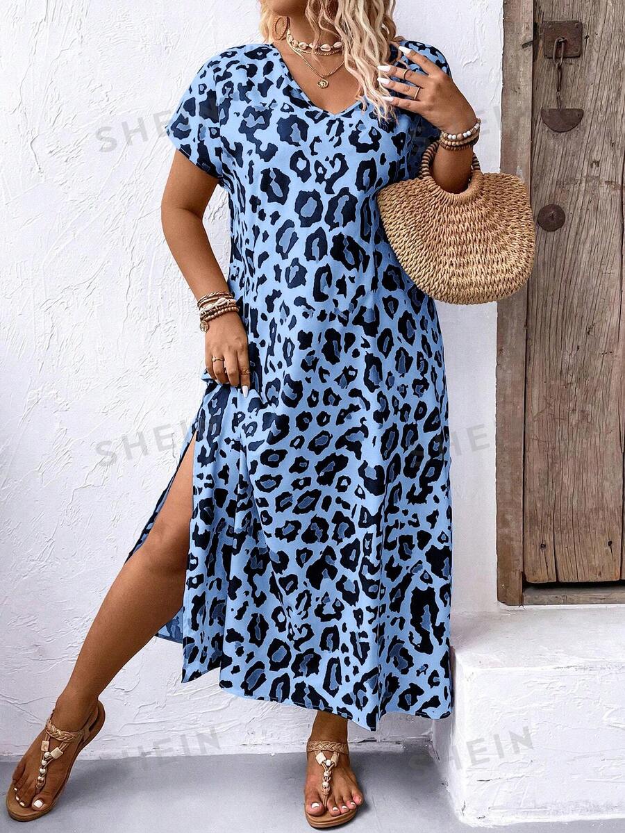 SHEIN LUNE Robe longue d'?�t?� ?� imprim?� l?�opard, col en V et fente, grande taille | Mode en ligne 