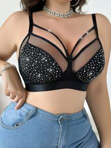 MidnightGlam 1PC Plus Kích Thước Không Dây Đính Kim Cương Giả Trang Trí Sữa Lụa Áo Yếm - màu đen - Xem 4