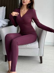 DAZY Charming Solid Color V-Neck Fitted Loungewear Set, Fall Winter Clothes , Cozy Outfit