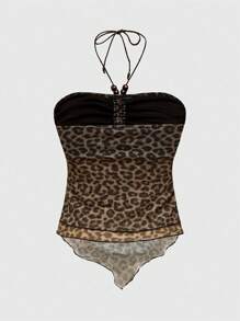 ROMWE Grunge Punk 复古 Y2K Gyaru 原宿性感网眼豹纹吊带上衣，学校 - 彩色 - 查看 2