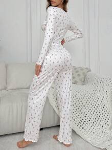 CottageSlumber Floral Notch Neck Button Decoration Long Sleeve Top & Pants Pajama Set Holiday Season, Fall Winter Clothes Cozy And Elegant Details - White - View 2