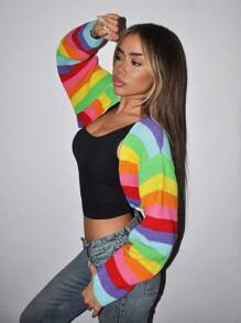 SHEIN ICON 女士休闲彩色条纹 Y2K 秋季毛衣长袖开衫