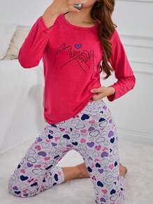 RueChic Conjunto de pijama de 2 piezas 100% algodón peinado con estampado de promesa en la parte superior de manga larga y estampado de corazón en la Bottom larga