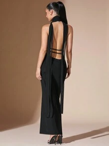 SHEIN BAE Women's Solid Color Deep V-Neck Backless Dress, Elegant Neck-Tie For Evening Party Event - Black - View 4