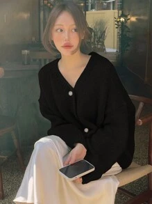 DAZY 女士 V 领宽松针织开衫、长袖上衣、秋装夹克 - 黑色 - 查看 4