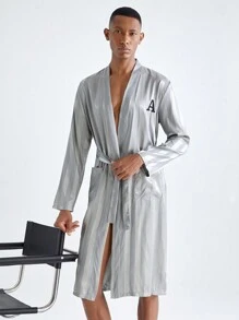 Men's Letter Printed Long Sleeve Casual Loungewear Robe With Pockets - Baby Blue - View 5