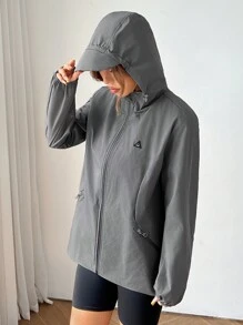 SHEIN EZwear Women's Casual Loose Letter Printed Hoodie Jacket, Spring Autumn - Grey - View 1