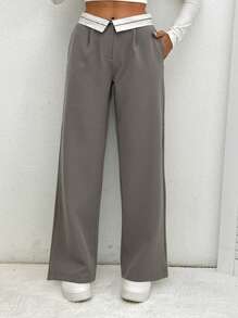 SHEIN PETITE Pantalones de mujer pequeña con cintura plegada de bloque de color y bolsillos inclinados