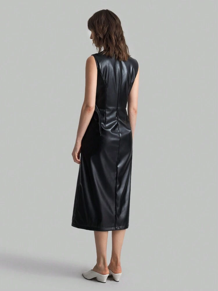 Black PU Long Wrap Dress