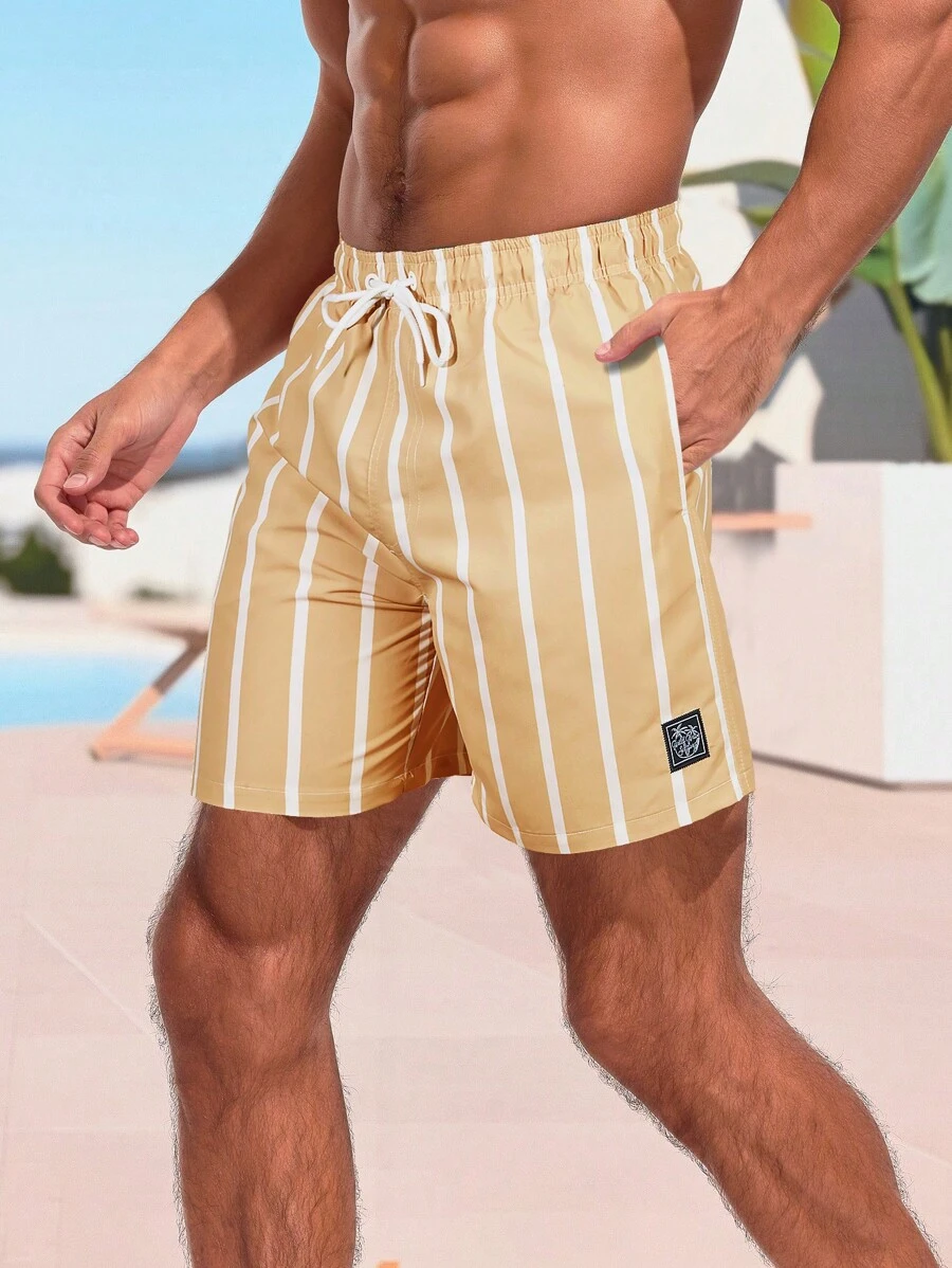 Surfspeed Men's Drawstring Waist Striped Casual Loose Beach Shorts - Beige - View 1