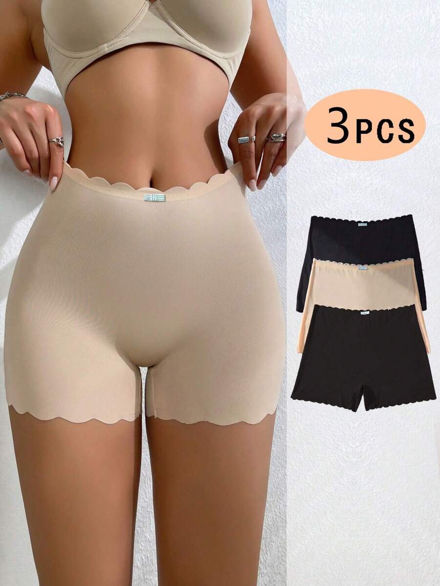 3入組女士無縫實色比基尼底褲，帶有波浪邊緣