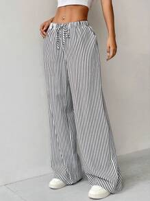 SHEIN PETITE 休闲日常女装春夏长裤 - 黑色 - 查看 4