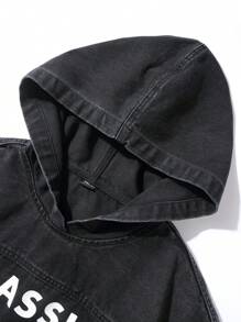 Chillumni 男士休闲字母印花连帽牛仔夹克，春秋 - 黑色 - 查看 5