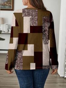 EMERY ROSE Camiseta de manga larga con cuello redondo, estampado de bloques de color, estilo vintage informal para mujer de talla grande, otoño/invierno - Multicolor - Ver 2