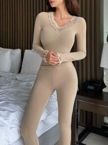 DAZY Lace Patchwork Solid Color Slim Fit Knit Fabric Pajamas Set, Fall Winter Clothes - Apricot - View 6