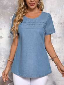 SHEIN LUNE Blusa vaquera suelta, cómoda, de manga corta y cuello redondo para mujer