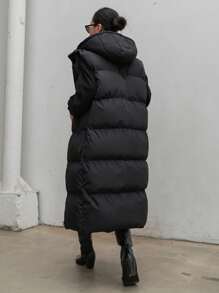 DAZY 女士无袖连帽绗缝外套，纽扣拉链设计，优雅时尚纯色简约款式外套，冬季女装，冬季女式背心外套 - 黑色 - 查看 5