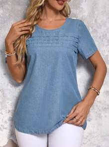 SHEIN LUNE Blusa vaquera suelta, cómoda, de manga corta y cuello redondo para mujer