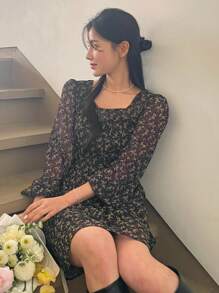 DAZY Váy hoa nhỏ buộc nơ phía trước ngắn cho nữ, màu đen, váy suông mùa xuân và mùa hè - màu đen - Xem 7