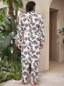 2 件套男士全身花卉印花拼布长袖长衬衫和长裤睡衣套装