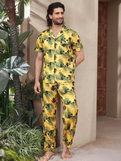 Manfinity ChillVibe 男士热带植物印花衬衫和裤子休闲睡衣套装