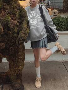 DAZY 女士宽松字母印花圆领宽松运动衫，秋季服装 - 灰色 - 查看 8