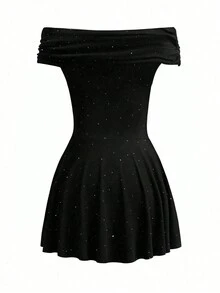 女士黑色优雅简约日常抽绳露肩短裙 - 黑色 - 查看 2