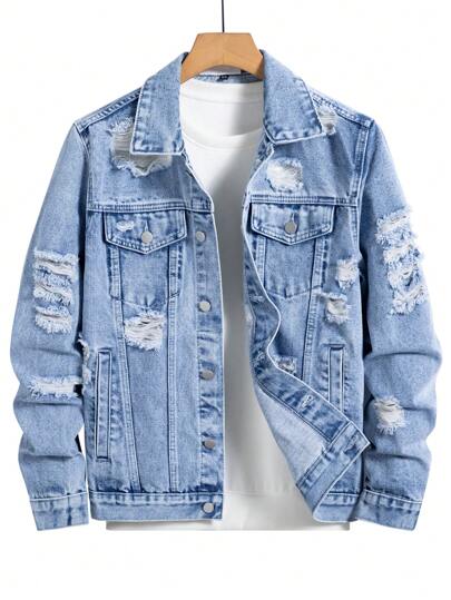 Manfinity Homme 男士秋季做旧口袋前扣休闲长袖牛仔夹克