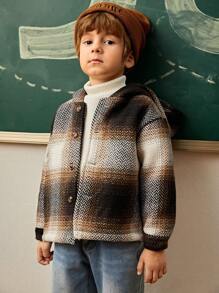 SHEIN Explorewe 1 pieza Chaqueta con capucha, forro térmico y estampado de cuadros para niños pequeños, apta para uso diario, al aire libre, viajes y escuela en otoño e invierno