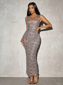 SHEIN SXY Women's Sexy Bodycon Leopard Print Ruched Dress With Wide Straps And Side Slit - Multicolor - View 6