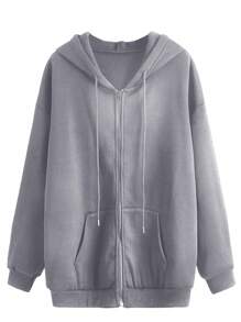 Solid Zip Up Drawstring Thermal Lined Hoodie - Grey - View 1