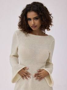 Forever 21 Fall Clothes Long Sleeve  Mini Woolen Fabric Backless Halter  Dress - Apricot - View 4