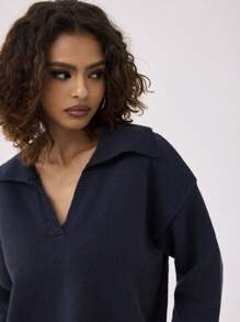 Forever 21 Áo len dài tay cổ chữ V dáng rộng mùa thu/đông mới - Xanh đậm - Xem 6