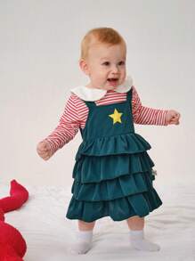 SHEIN 2pcs Baby Girls' Cute Striped Long Sleeve Christmas Tree Dress & Outfit Set, Holiday Celebration - Multicolor - View 2