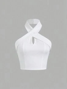 Sweetra Camiseta sin mangas minimalista de color liso con cruce de tirantes para mujer - Blanco - Ver 1
